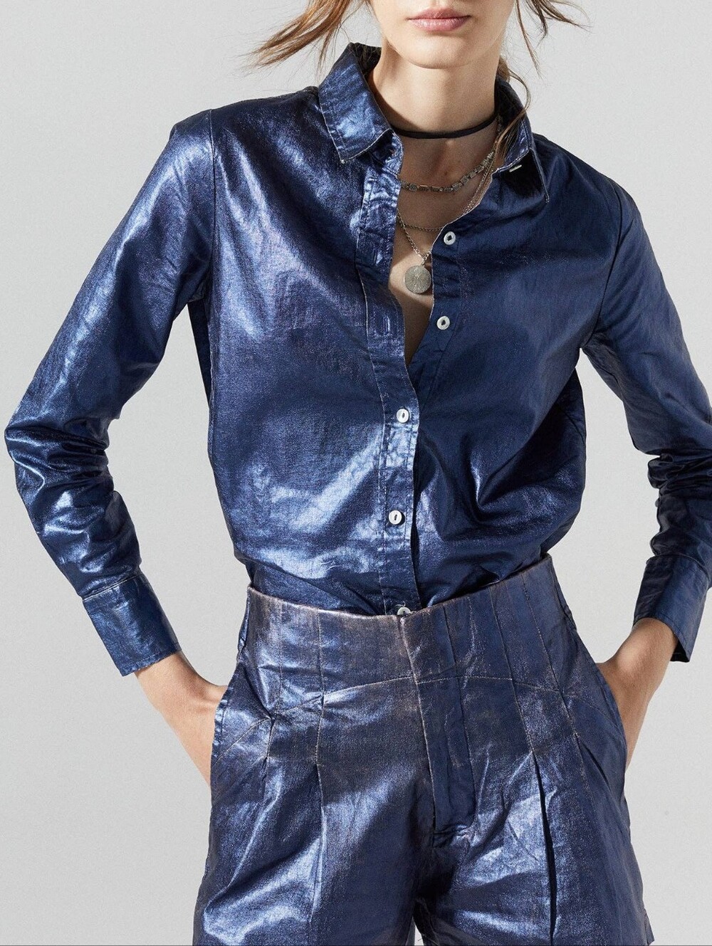 Lanhtropy Metallic Linen Navy Button-Down Women's Shirt